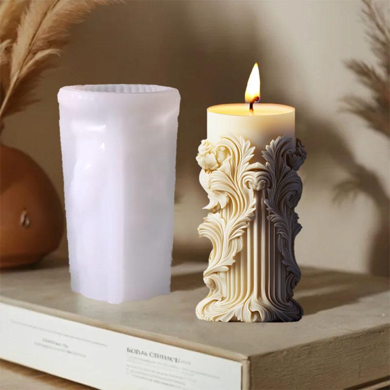 Wave Pattern Relief Cylindrical Candle Silicone Mold Rattan Flower Carving Roman Column Candle Mould Curved Column Resin Molds