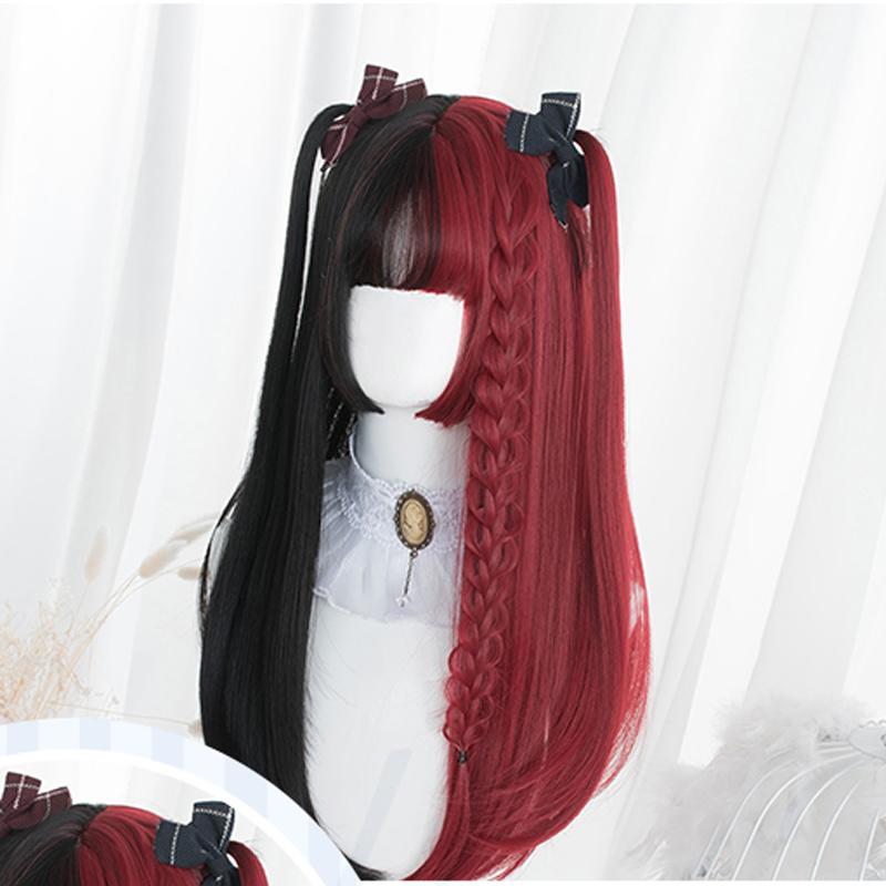 Rot-Schwarz-Blond-Weiß-Synthetik-Lolita-Perücken für Frauen, lange, glatte Perücke mit Pony, Genshin Impact Cosplay-Perücke