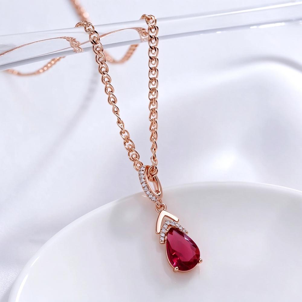 Elegant Rose Gold Color Teardrop Red Zircon Pendant Necklace for Women Daily Party Wedding Jewelry Gift