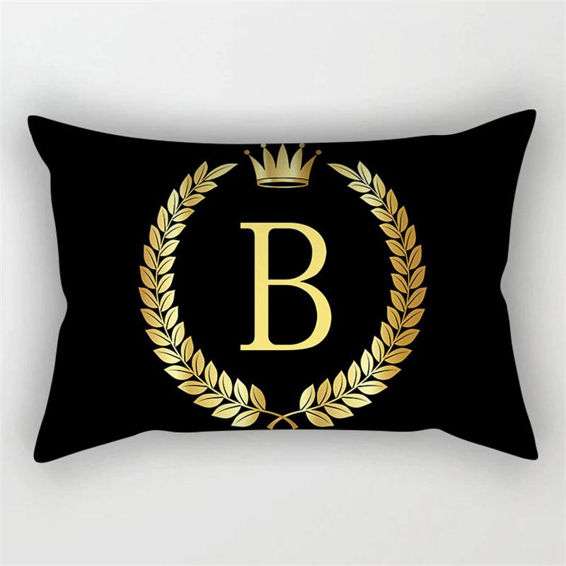 Gold Color Letter Cushion Cover 30x50cm Rectangle Pillow Case Crown Leaves Plant Polyester Black Sofa Pillow Cover Home Decor