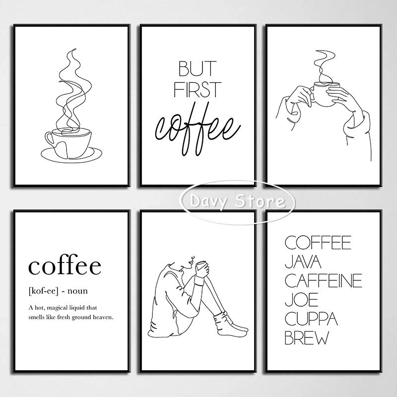 Coffee Shop Coffee Bar Line Art Sign Minimalist Posters and Prints Canvas Painting Wall Art Picture for Cafe Kitchen Home Decor