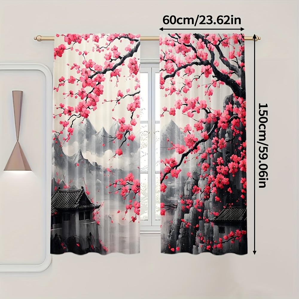 2 Panels Cherry Blossom Curtains Oriental Ink Painting Mountain Landscape Printed Polyester Living Room Bedroom Window Drapes