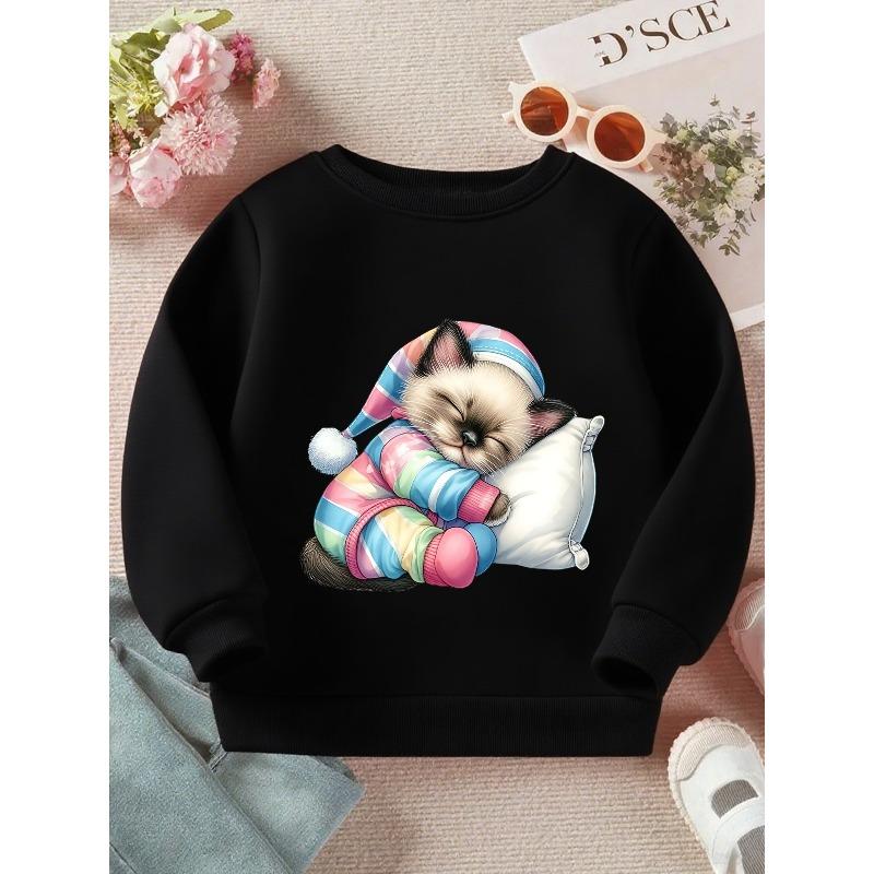 Girls' Pastel Cat Print Sweatshirt - Soft Pastel Pink & Blue Sleeper Design, Cozy Loose-Fit Long Sleeve Crewneck