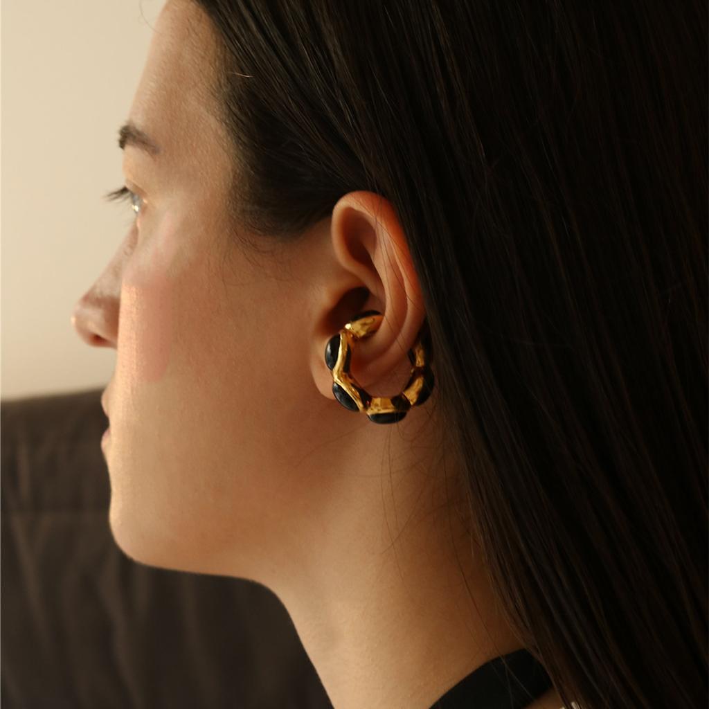 Niche Design Brass Plated 18K Real Gold Inlaid Black Agate Dual-Purpose Earclip Ring, Unique Fashion Ring