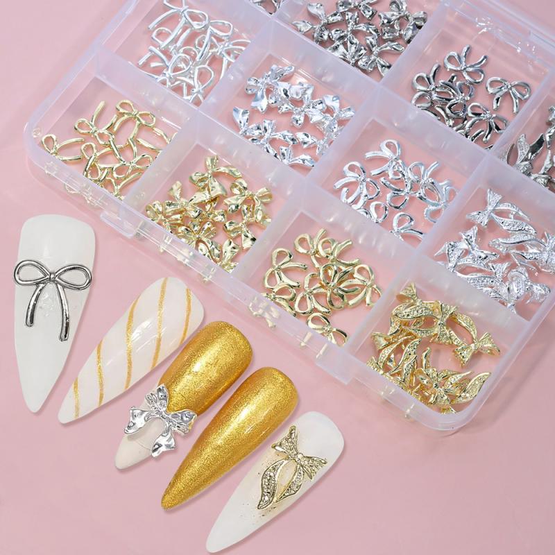 96/120Pcs 3D Gold Bow Butterfly Nail Metal Charms Shiny Bowtie/Diamond Star Diy Nail Decor Accessories Luxury Nail Art Supplies