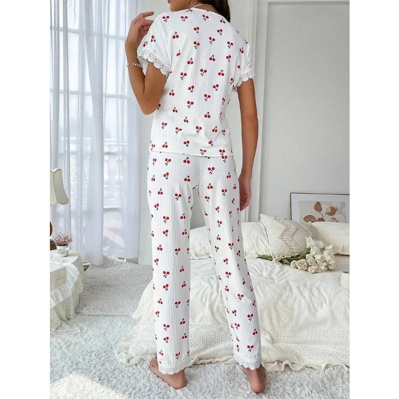 Lace Trim Women Pajama Set Short Sleeve Front Button Top Full-Length Pants Cherry Print 2 Pieces Sleepwear Nightwear Homewear