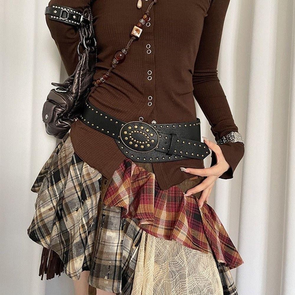Y2k Women's Waist Belt Gothic Dress Jeans Belt Fashionable Rivet Leather Belt  Streetwear