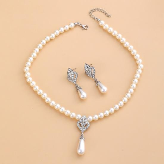 1 Set Sieradenset Imitatie Parel Oorbellen Ketting Verstelbare Lengte Strass Decor Gepolijst Galafeest Bruiloftsfeest Bruidssieraden
