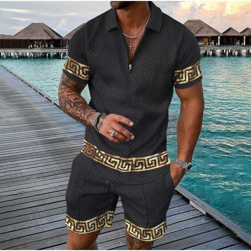 2025 summer men's 3D digital printing short-sleeved polo fashion sports and leisure suit foreign trade men's solid color