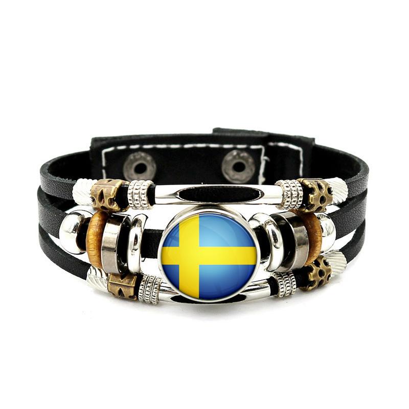 Factory National Country Flag Design Bracelet Crystal Bead Snap Button Sports National Team Jewelry Gift Leather Wrap Bracelet