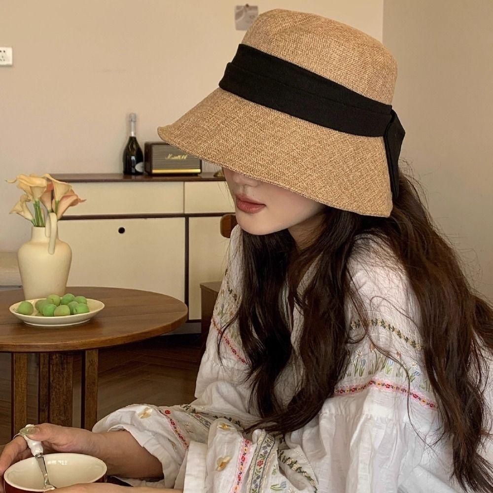 Solid Color Bow Fisherman Hat Bowknot Bucket Hat Fashion Summer Sun Hat Travel