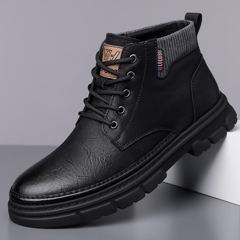 Leather shoes men's soft-soled casual cotton shoes fleece non-slip British leather boots 2024 new winter men's shoes