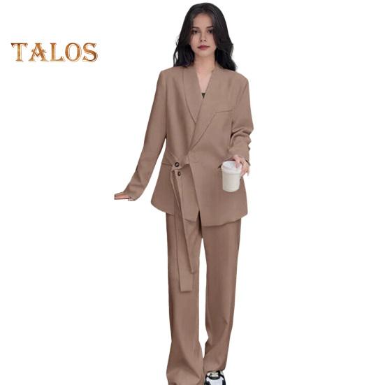 

2 шт./комплект женский формальный пиджак брюки комплект с длинными рукавами застежка на пуговицы ремешок V-образный вырез кардиган средней длины куртка прямые брюки с высокой талией формальный деловой L хаки