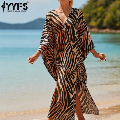 Women's Fashion Vacation Summer Spring Black Brown Zebra Print Long Sleeve V-Neck Casual Dresses
