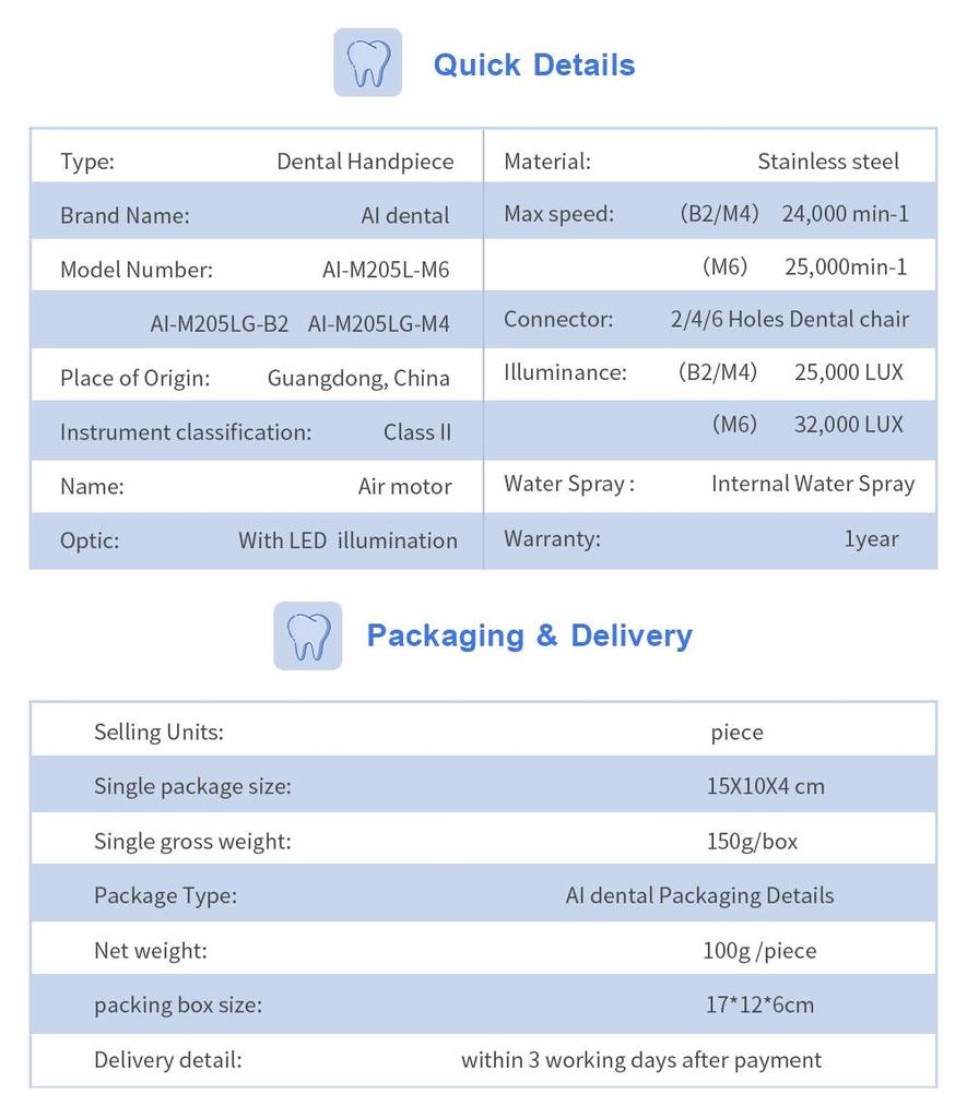 Dental Low Speed Handpiece Set AI-M205LGS-B2 Internal Water Spray With 1:1 Fiber Optical Handpiec