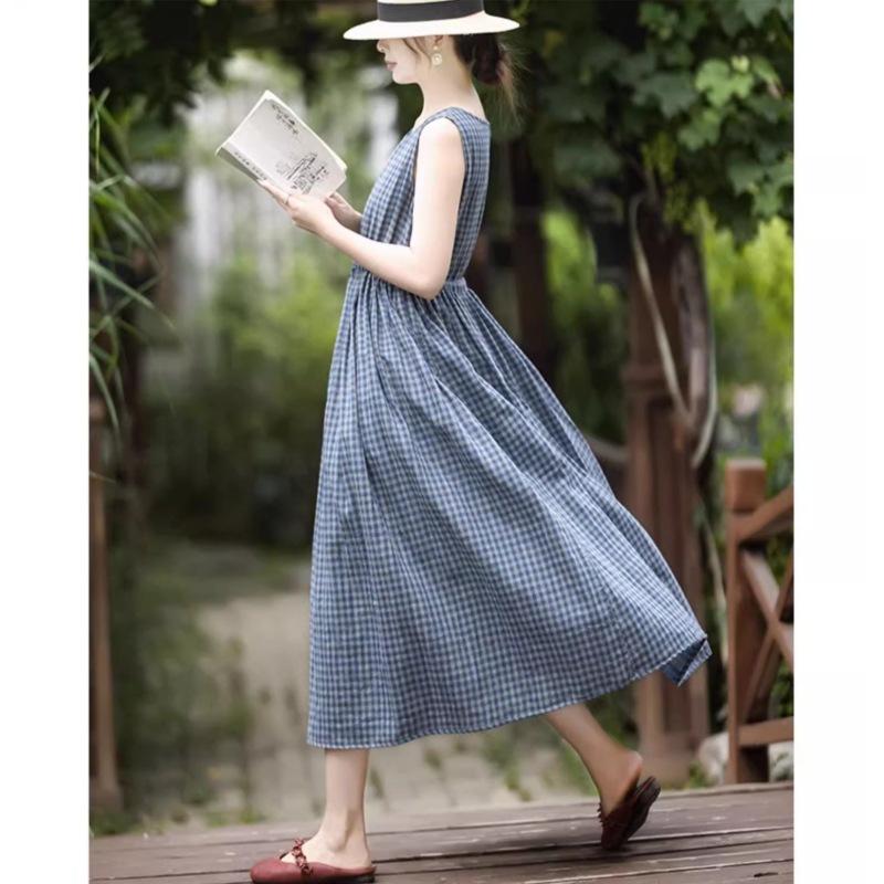 

2025 лето новый хлопок двухслойная пряжа круглый вырез клетка длинное платье дизайнерское нишевое платье без рукавов женское XXL