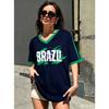 Moda Estate Donna Stile Brasile Squadra Maglia Scollo a V Manica Corta T-Shirt Maglie da Baseball Top Quotidiani Maglietta Donna Abbigliamento Donna