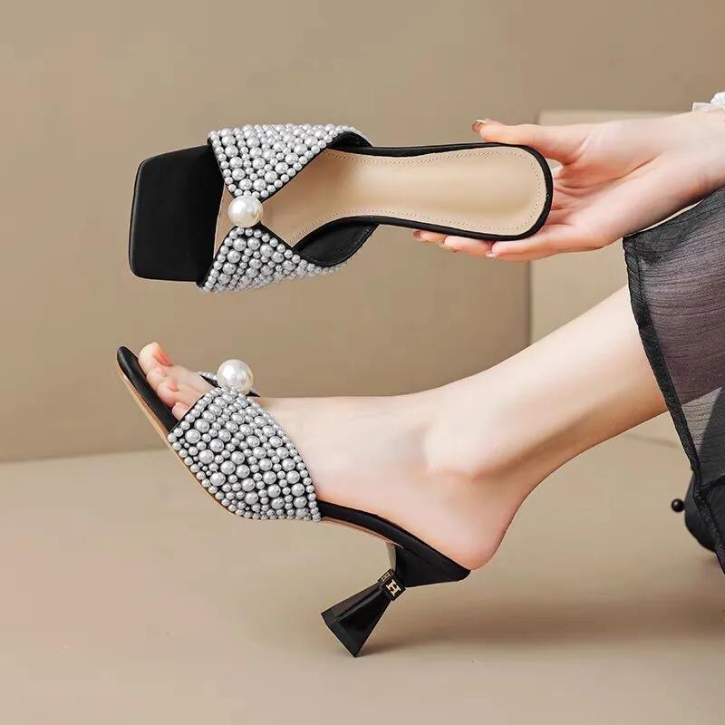 Half Slippers for Women's Outward Wear 2026 Summer New Fashion and Versatile Pearl Temperament Mid-stiletto Open-toe Cool Drag