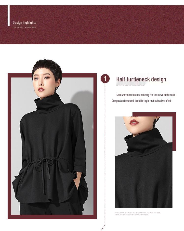 Trendiges Damen Oberteil im europäischen und amerikanischen Stil, dunkel, langärmlig, mit Kordelzug in der Taille - Frühling/Herbst