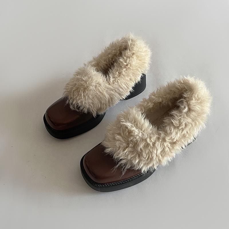 Leather shoes for women in winter 2026  new fur single shoes  thick heels  height increasing cotton shoes for women