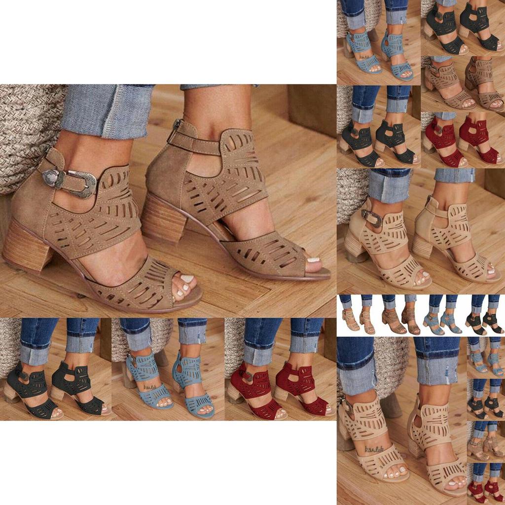 Elegant Women Chunky Block Heels Sandals With Peep Toe And Ankle Strap Buckle