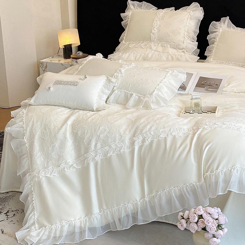 Prinzessinnen-Stil 100er-Zählung Hohe Dichte Weißes Spitzen-Satin Langstapel-Baumwolle 4-teiliges Bettwäsche-Set für Mutter und Baby Klasse A Re Baumwolle