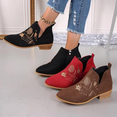 Damskie buty pojedyncze Plus Size z krótką cholewką, casualowe, ze szpicem, na kwadratowym obcasie, z haftem, z bocznym zamkiem błyskawicznym, rozmiary 36-42