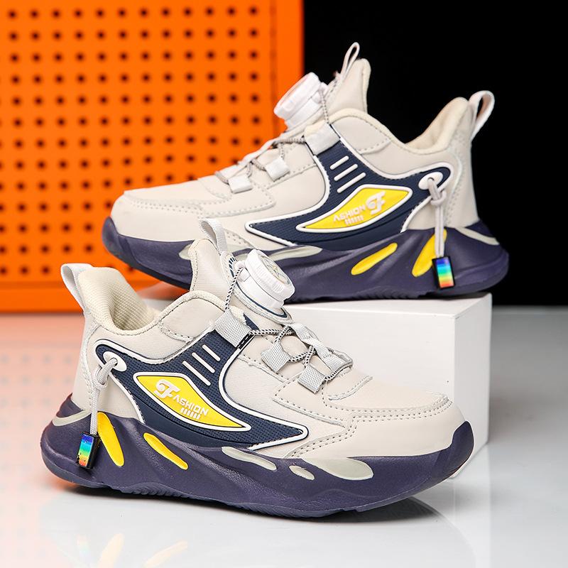Waterproof Children's Explosive Lightweight Button Casual Leather 2025 Sneakers Running Shoes Rotating Boys Students