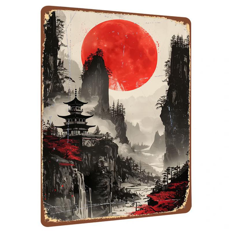 

Chinese Style Landscape Red Moon Zen Pavilion Metal Iron Painting Living Room StudyWall Art Decor 20x30cm（7.8x11.8inch）