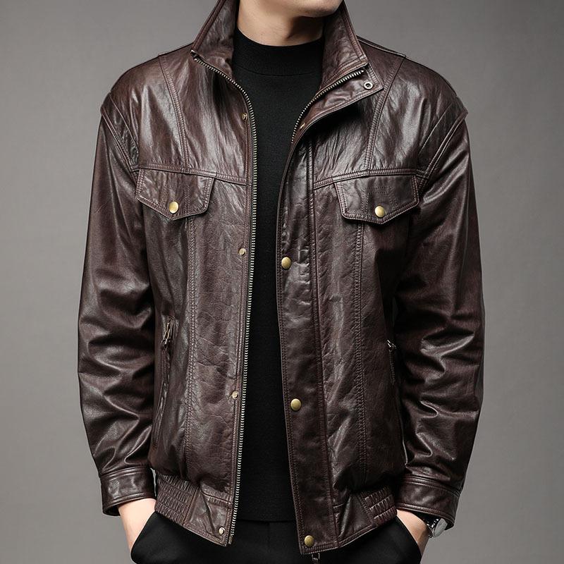 

Мужская кожаная куртка однотонная с воротником-стойкой из коровьей кожи мужская кожаная мужское пальто 3XL коричневый