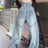 Women's Spring American Style High Street Rivet and Star Embellished Washed Jeans Loose Fit Slimming Retro Design Wide Leg Pants