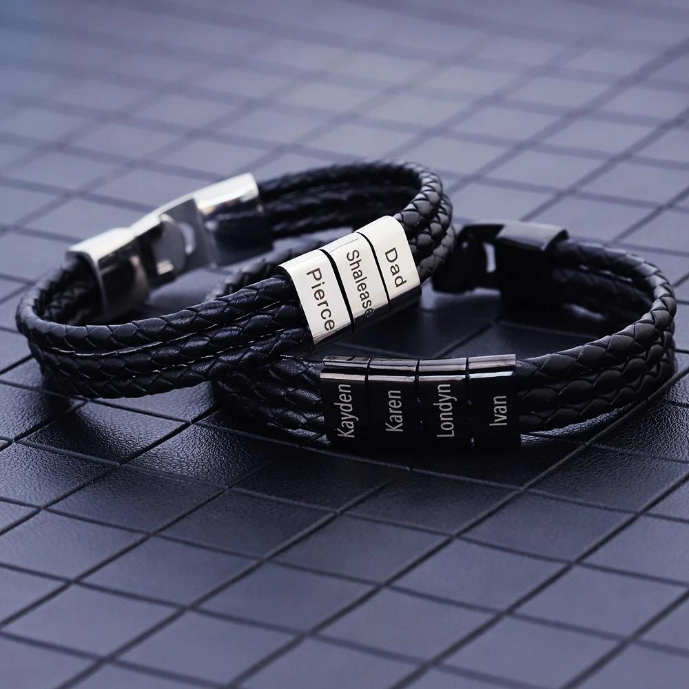 Personalized Names Men Leather Bracelet Father's Day Gift Customized Gift for Husband Father