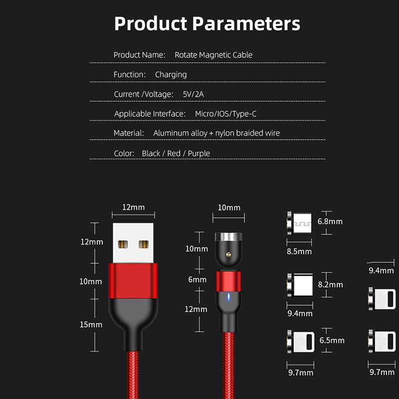 ROCK Magnetic USB Cable For iPhone Charger 540 Degree Rotate USB Type C Cable For Xiaomi Samsung Magnet Charge Micro USB Cable