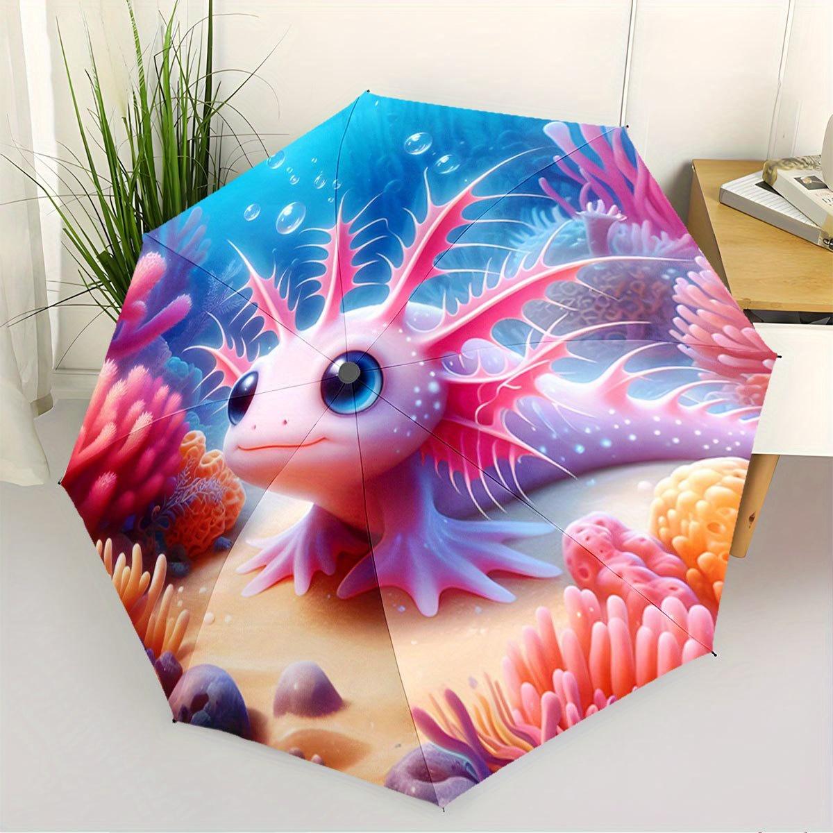 Automatic Open/Close Umbrella with Cute Axolotl (Mexican Walking Fish) - Compact Folding Umbrella, Portable Travel Umbrella wi
