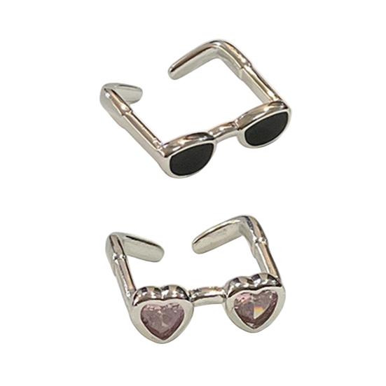 2 Pcs Couple Rings Sunglasses Shape Rhinestone Decor Adjustable Polished Open Ring Alloy Anniversary Gift Finger Jewelry