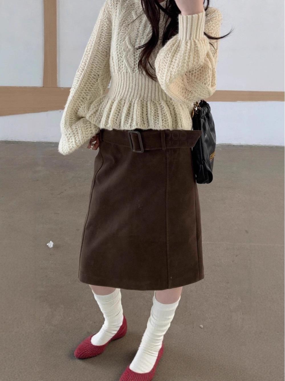 Korean Retro Suede Mid Skirt with Matching Belt Small