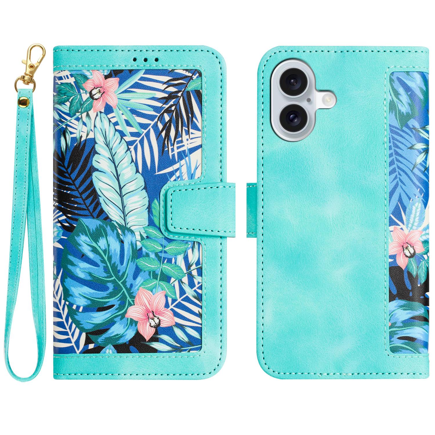 

For iPhone 16 Plus Case Card Slots Flower Pattern Flip Leather Phone Cover Green