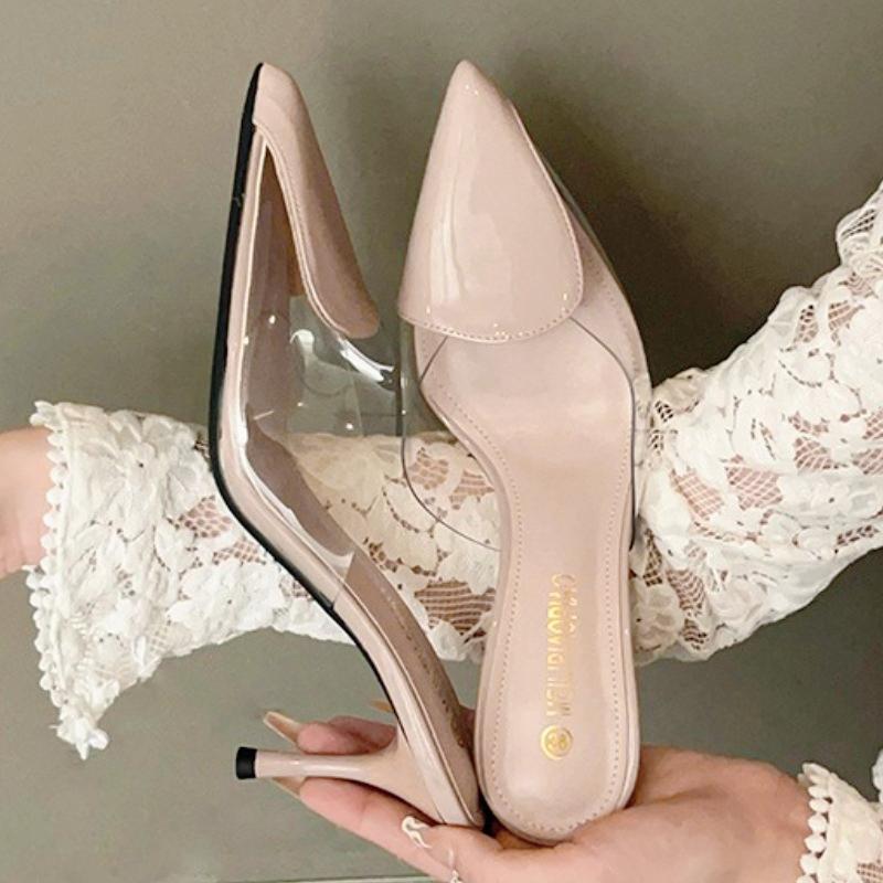 Fashion Transparent PVC Design Brand Slippers Women High Quality Patent Leather Thin Heel Slide Sandals Comfort Tacones Mujer Elegantes