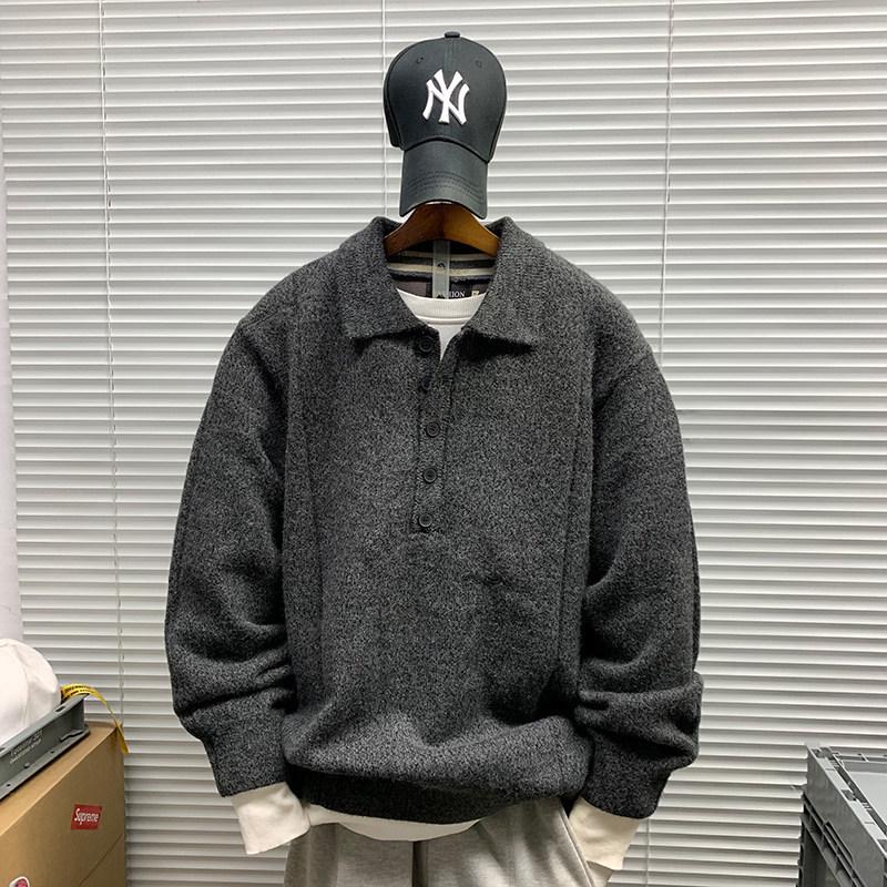 Мужской свитер с воротником-поло: Модный осенне-зимний пуловер, повседневный свободный крой, универсальный трикотаж. XL