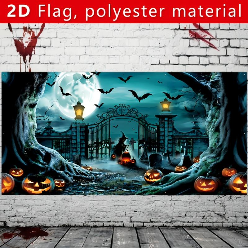 2D plane 1 large Halloween garage door banner - Horror cemetery scene with bats witches and pumpkin lanterns