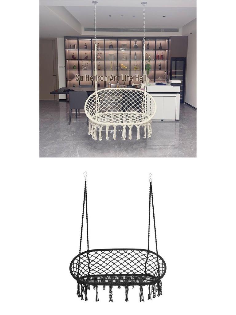 Nordic Indoor Outdoor Double Hanging Chair Swing with Tassel Cradle - Cotton and Linen Hammock for Homestay or Balcony.