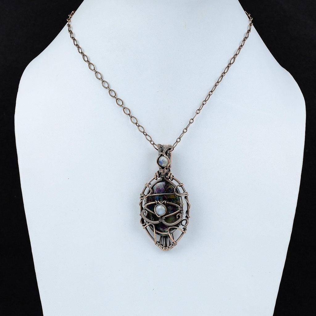 Evil Eye Multi Fire Labradorite Pendant Copper Wire Wrapped Gemstone Pendant Moonstone Pendant Copper Wire Jewelry Handmade Evil Eye Jewelry