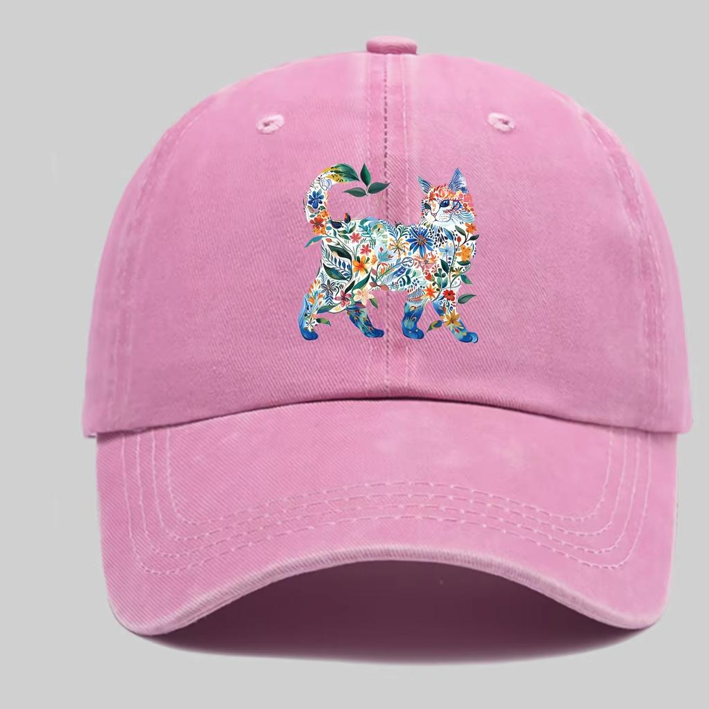 Retro Watercolor Flower Cat Graphic Baseball Cap Washed Dad Hat Adjustable Comfortable And Versatile