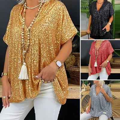 V-Neck Short Sleeve Loose Fit Women T-shirt Sexy Women Shiny Sequins Pullover Blouse Streetwear