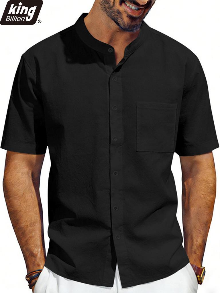 Casual Herenhemd met Korte Mouwen en Mandarijnkraag Lichtgewicht Linnen-Look Knopen-Down Top met Borstzak Ademend Zomer Strandvakantie Shirt