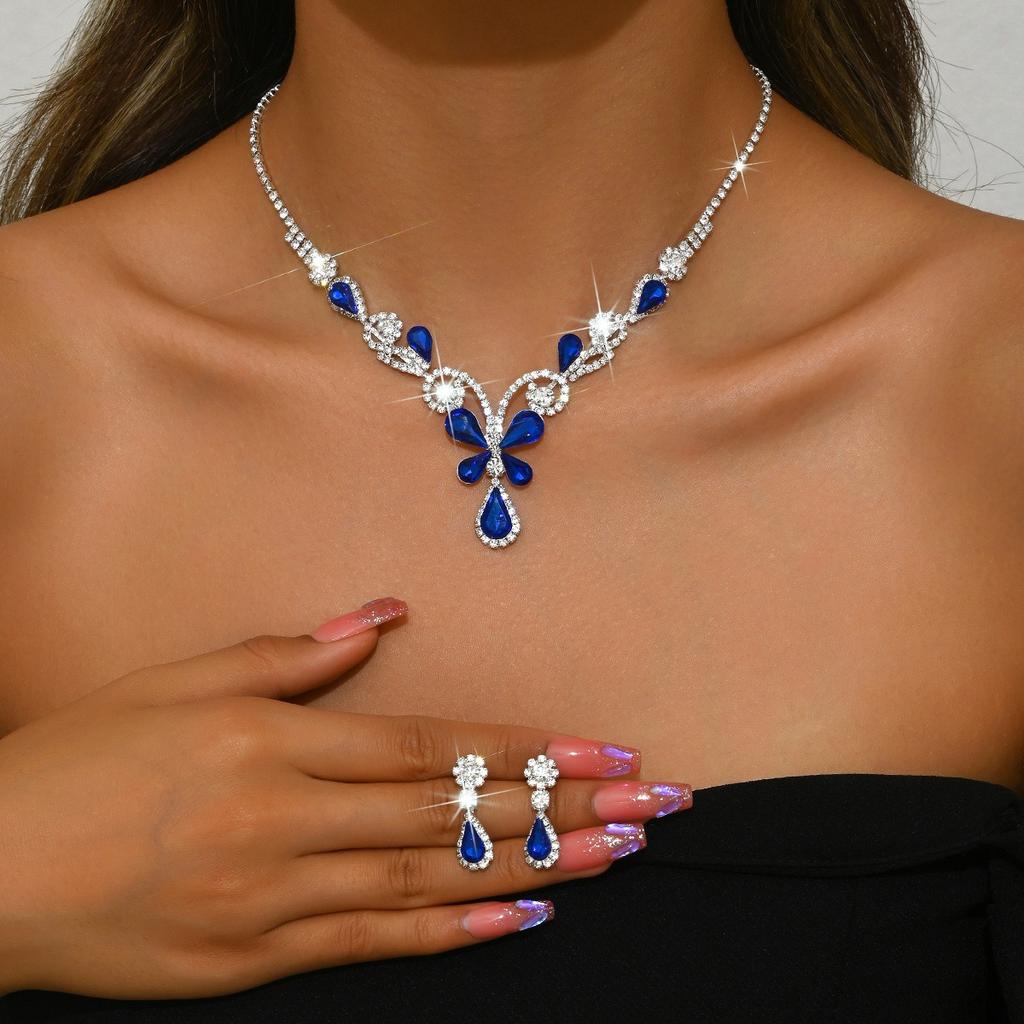 Bride Jewelry Set Adjustable Teardrop Pendant Necklace Drop Earrings Sparkling Butterfly Pendant Necklace For Galas Parties