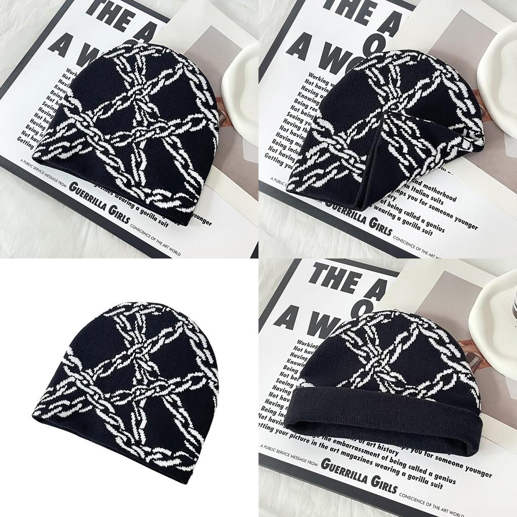 Y2k Goth Style Knit Hat With Chain Pattern For Streetwear And Hiphop Fans