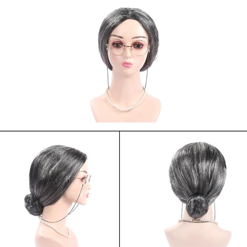 Halloween Grandma Costume Set 100 Days Of School Old Lady Costume Set Wig Granny Glasses with Chain Necklace for Girls