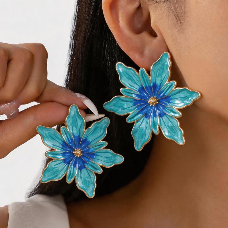 Europe and America Large Drip Oil Flower Stud Earrings for Women Luxury Floral Irregular Personality Earrings Vacation Jewelry