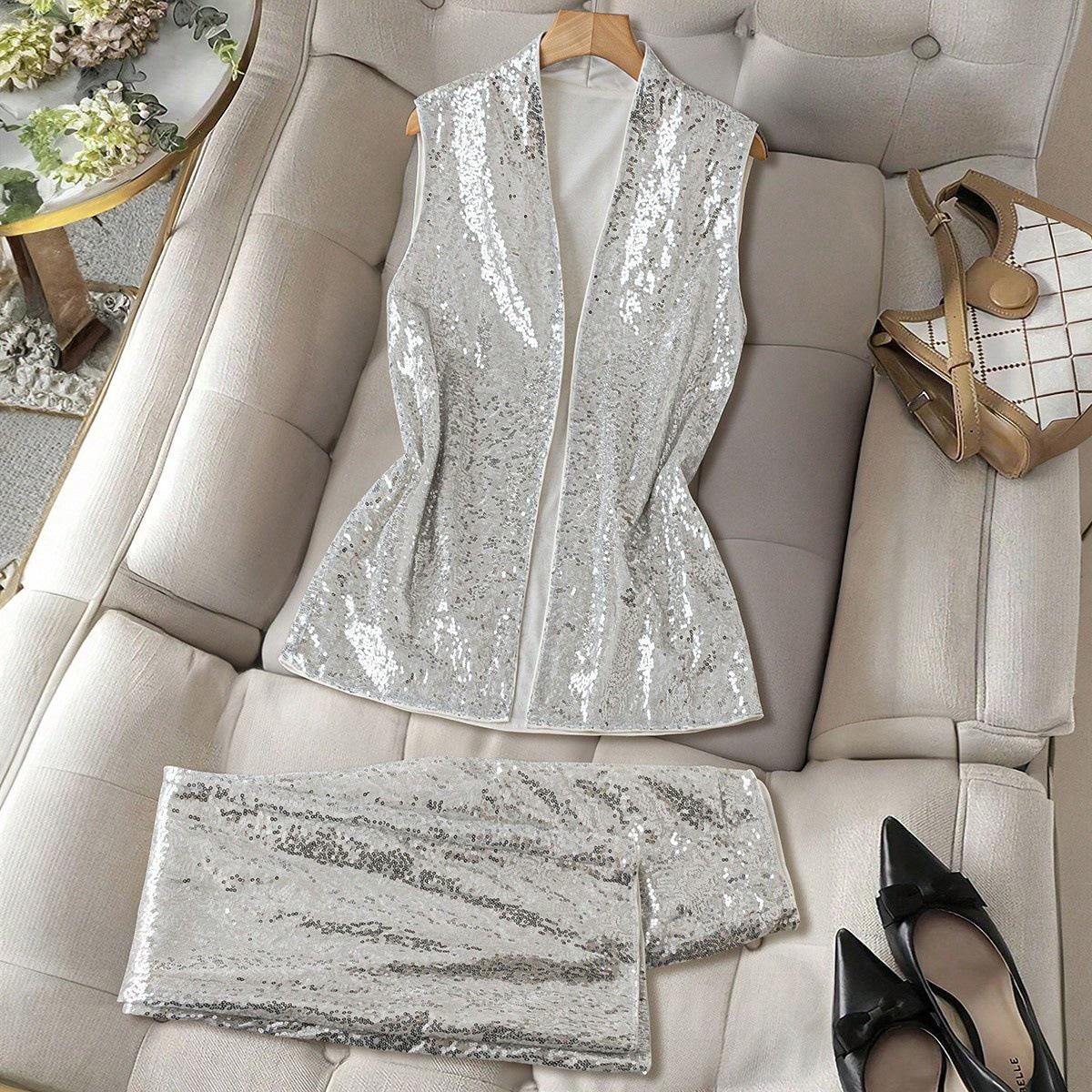 

Women s Sequin Jacket & Wide-Leg Pants Set L серебряный
